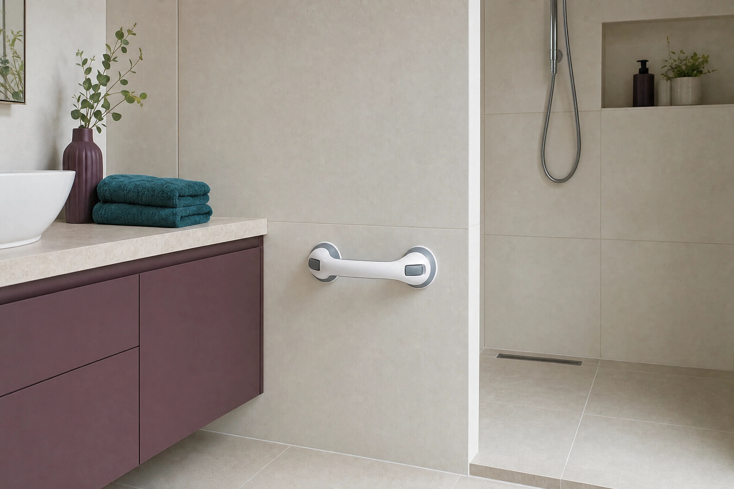 A suction handle on a large tile beside a shower.