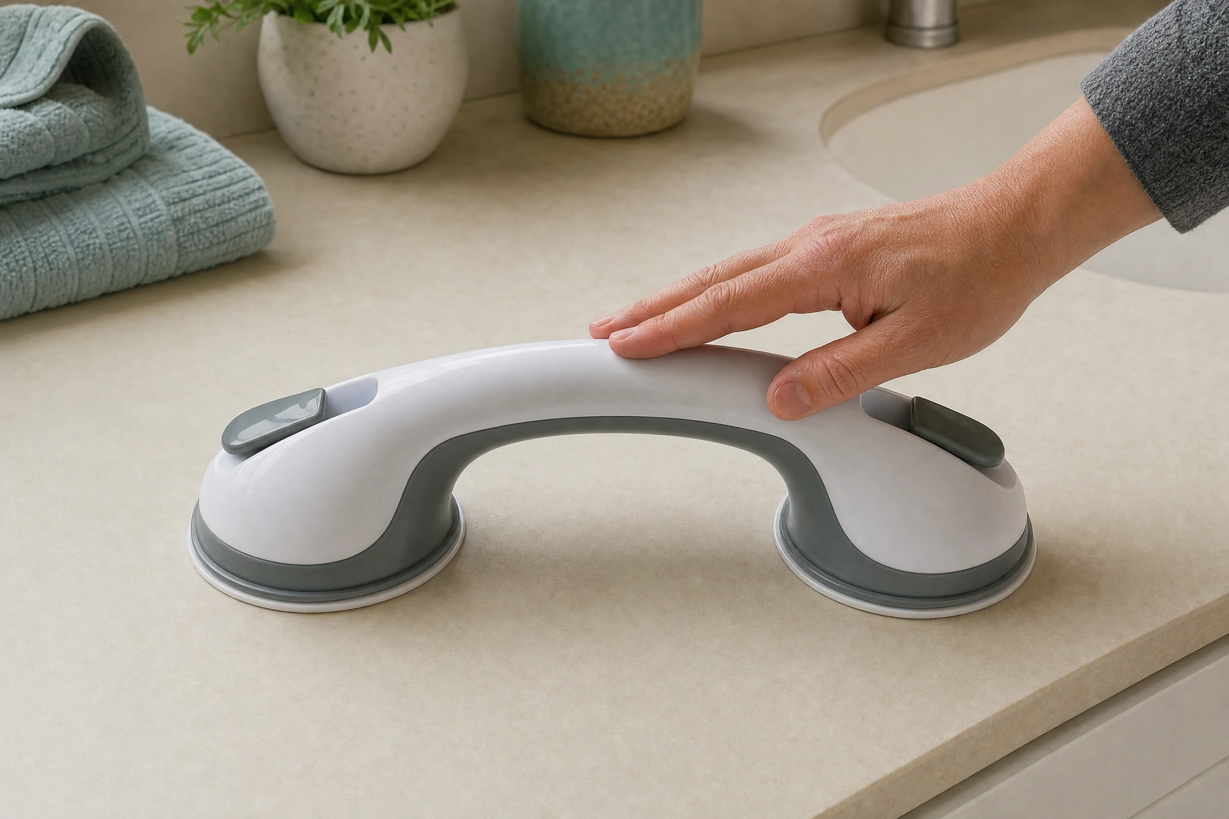 A hand lightly touches a suction handle resting on a vanity.
