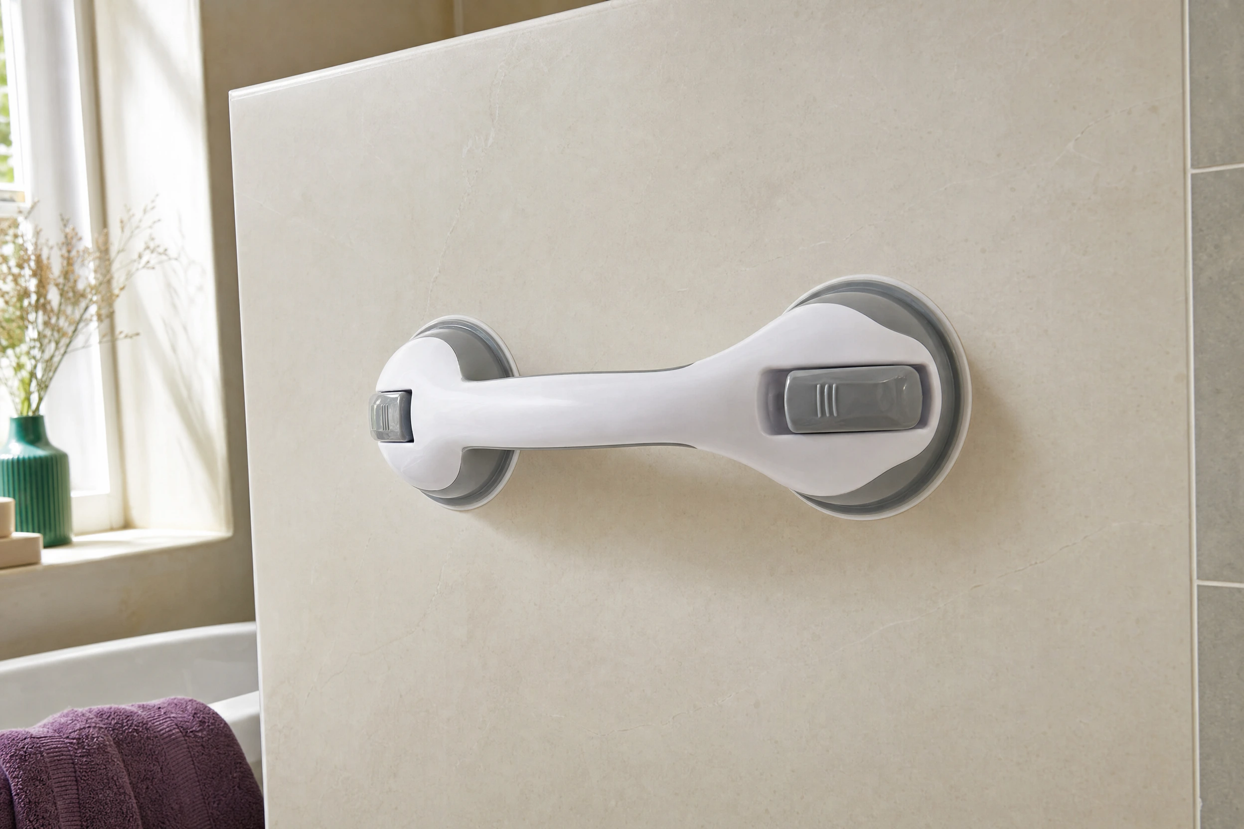 A white and grey suction handle on a smooth bathroom tile.