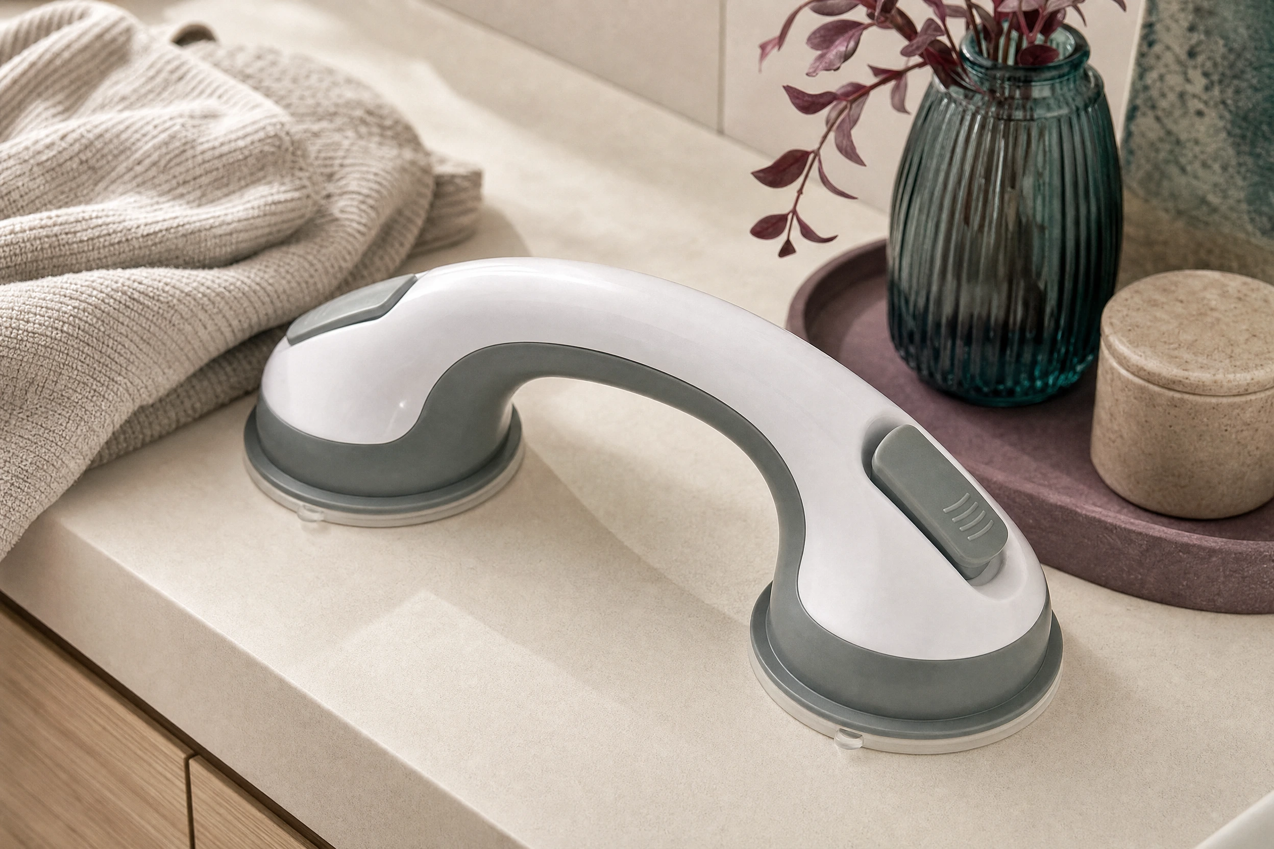 A suction handle rests on a bathroom vanity.