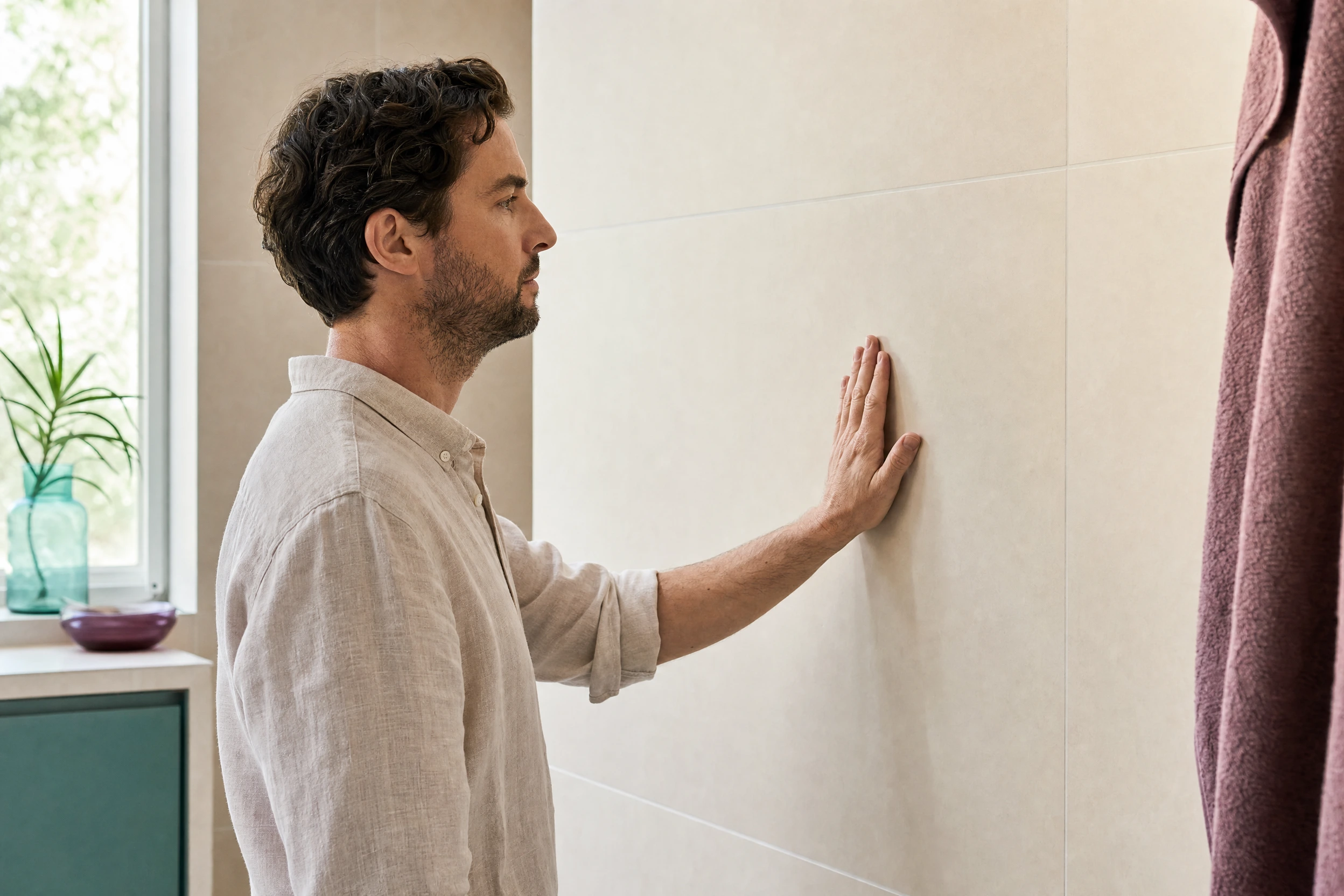 An adult examines a smooth bathroom tile.