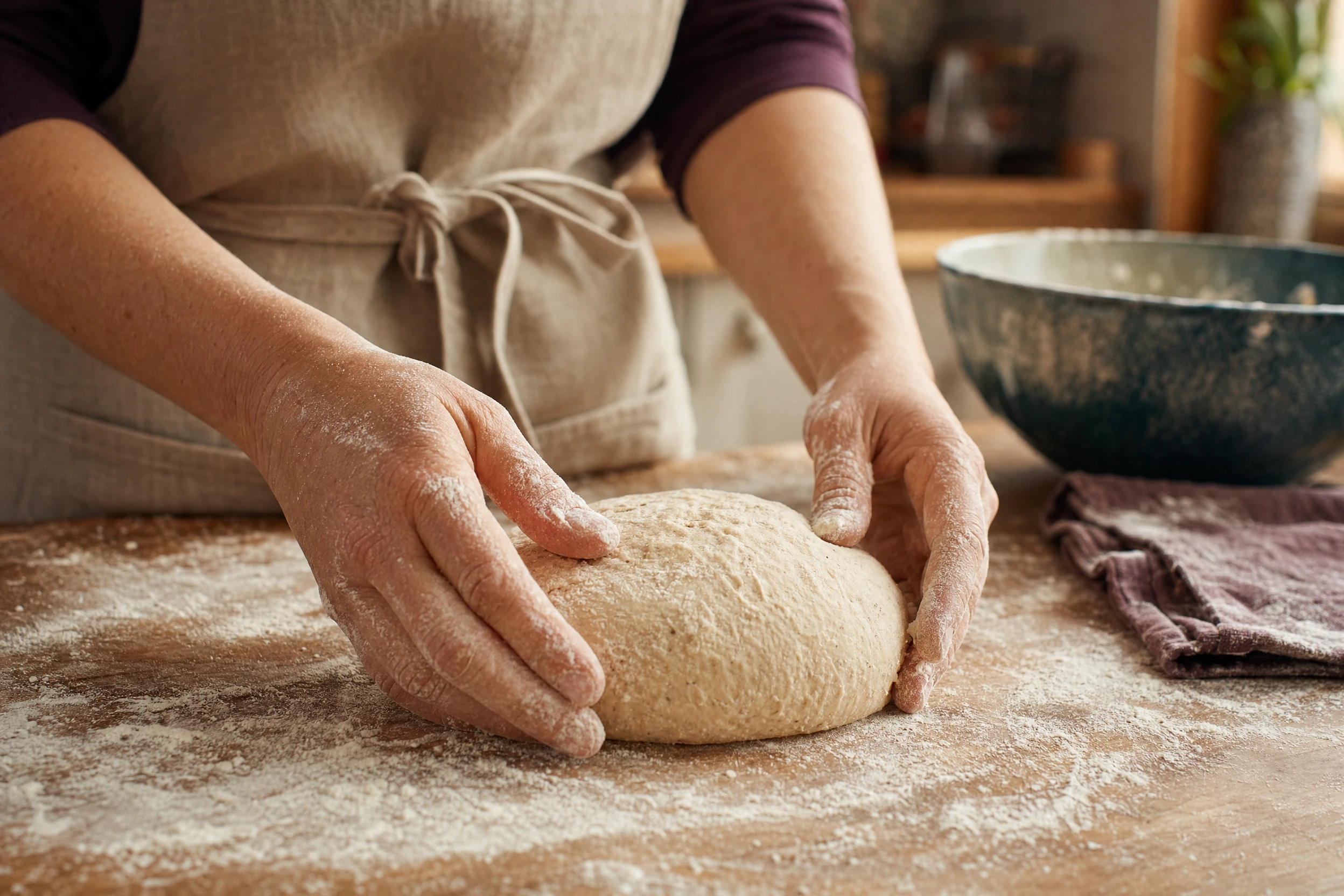 Hands shape bread dough on a floured worktop.