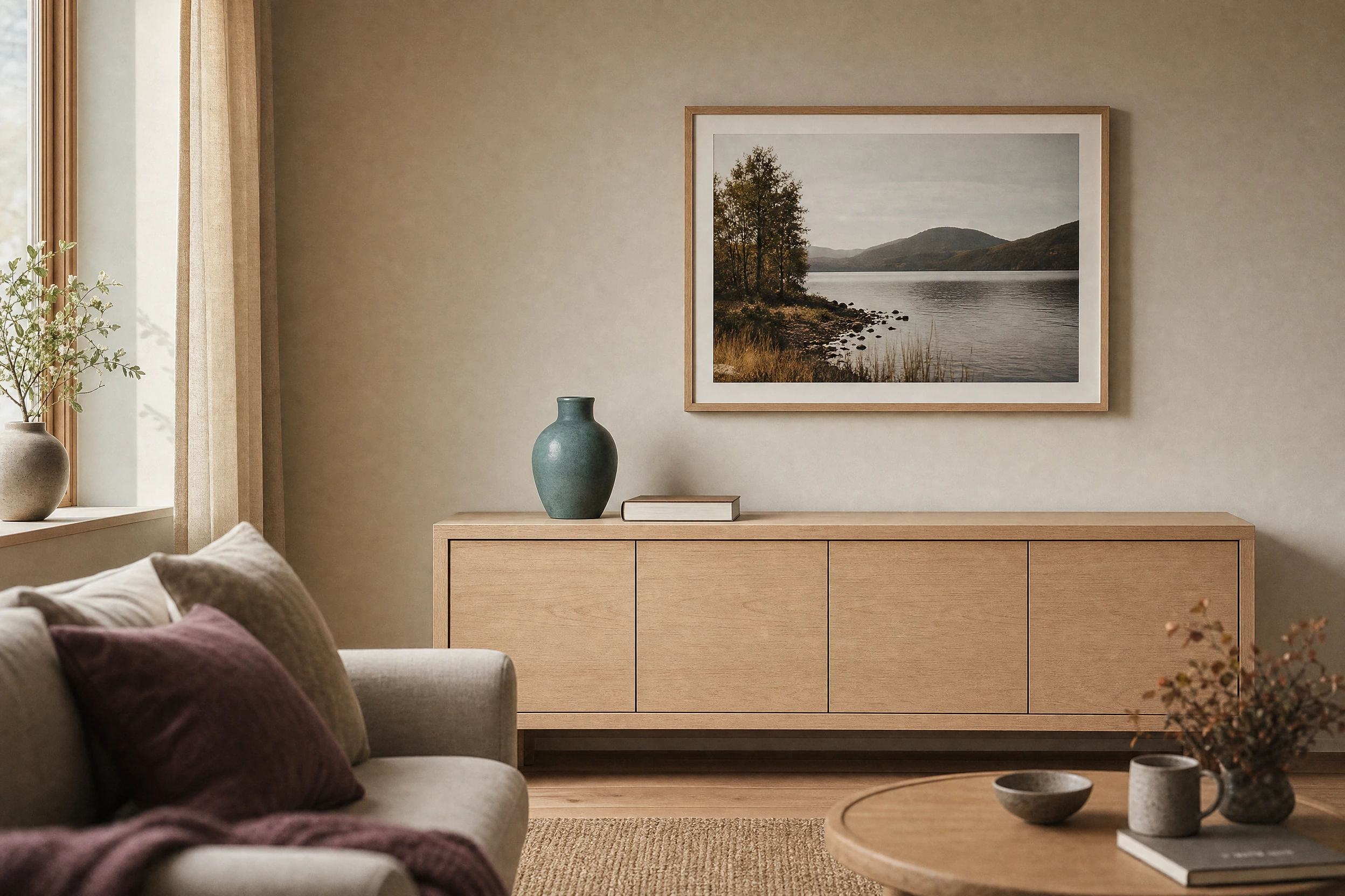 A framed lakeshore print above a sideboard.