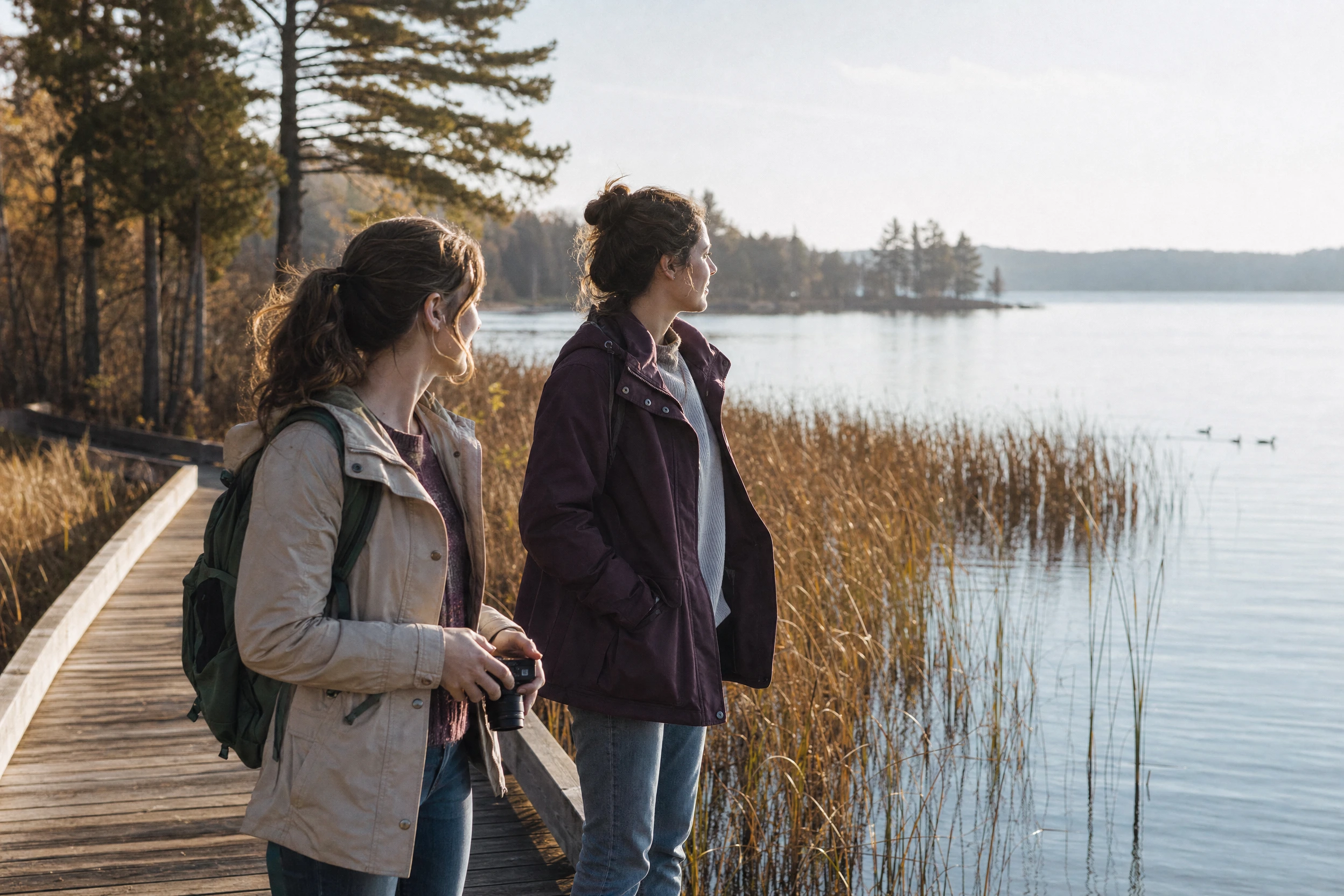 Two friends pause by a lakeshore with a camera.