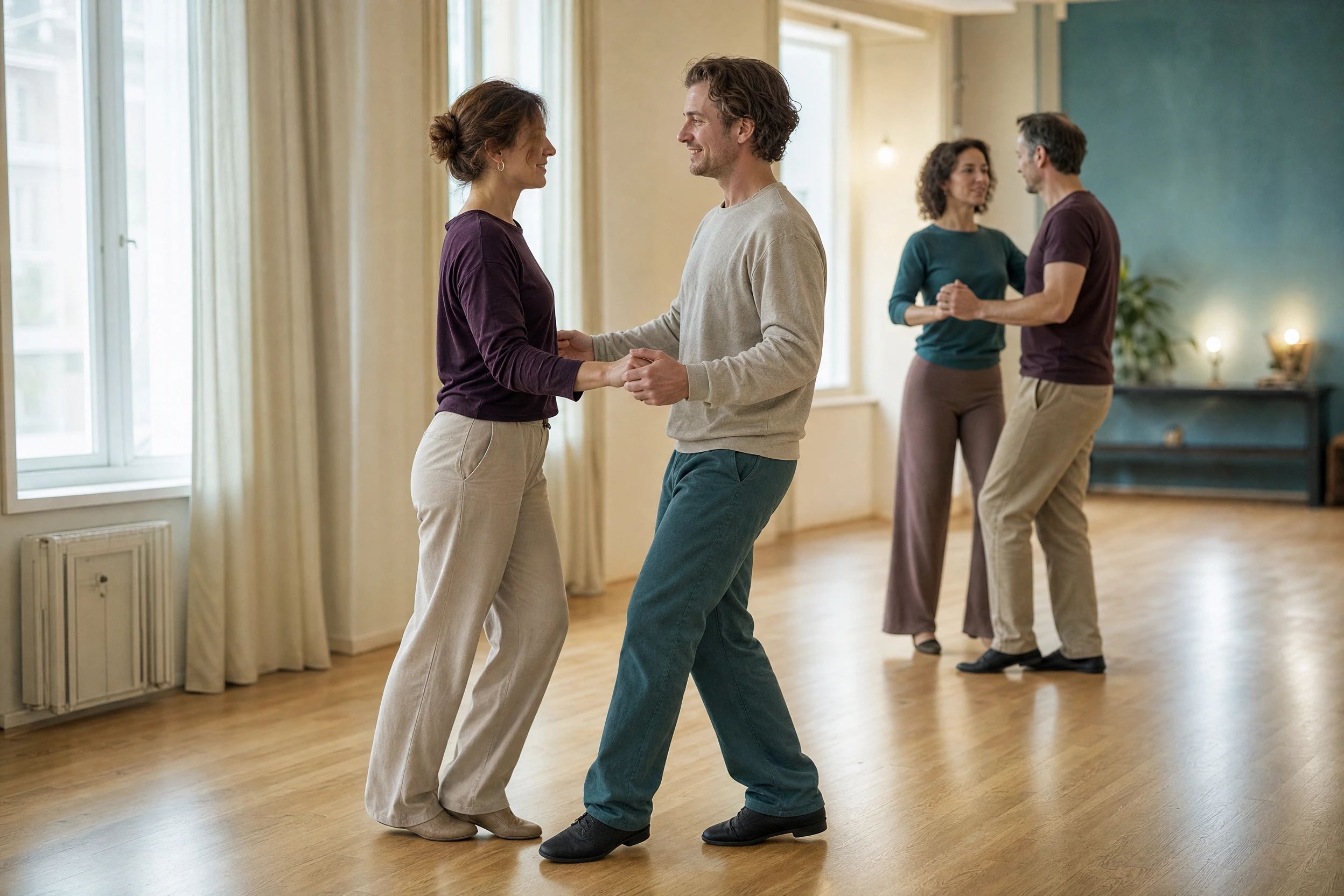 Adults practise a simple partner-dance step.