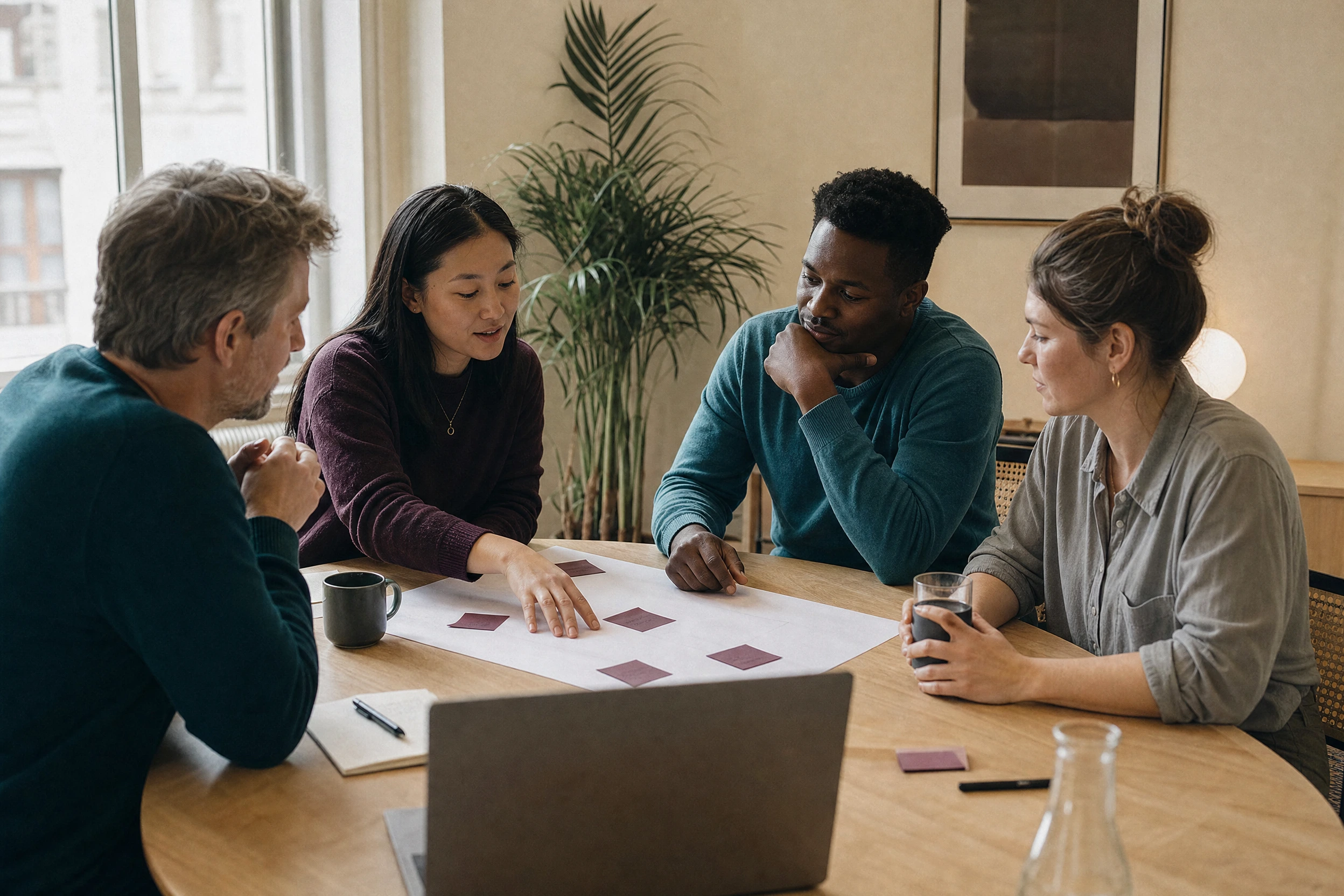Four coworkers discuss a project plan around a table.