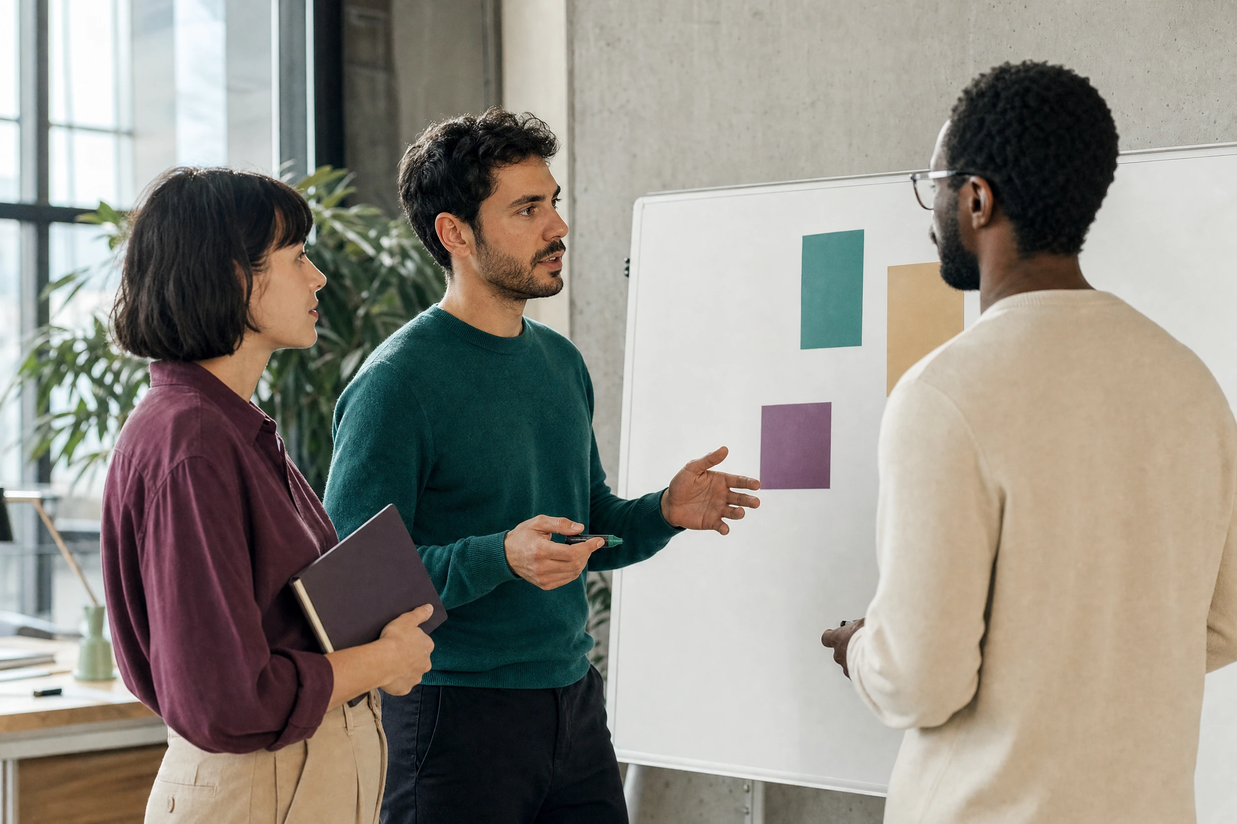 Three colleagues discuss a project beside a whiteboard.